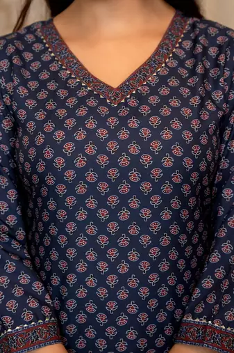 Navy blue printed cotton blend fancy straight trousers with dupatta