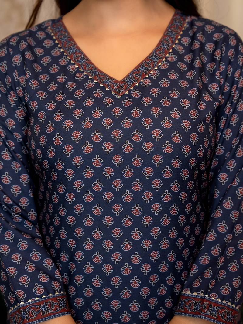 Navy blue printed cotton blend fancy straight trousers with dupatta