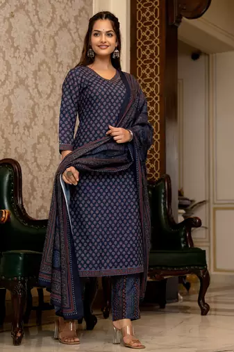 Navy blue printed cotton blend fancy straight trousers with dupatta