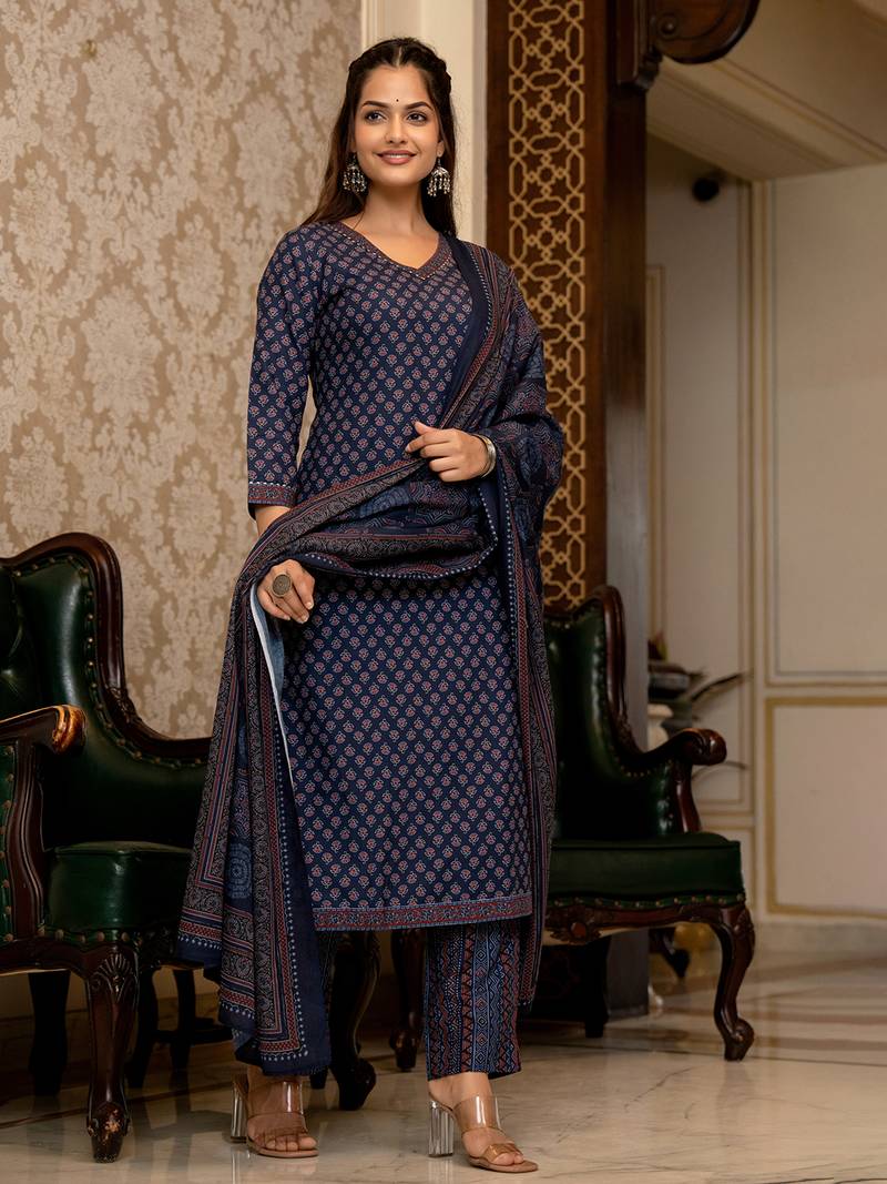 Navy blue printed cotton blend fancy straight trousers with dupatta