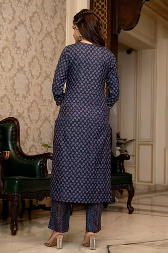 Navy blue printed cotton blend fancy straight trousers with dupatta