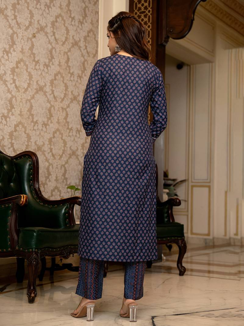 Navy blue printed cotton blend fancy straight trousers with dupatta