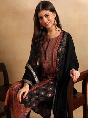 Black woven design silk blend fancy straight trousers with dupatta 1