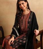 Black woven design silk blend fancy straight trousers with dupatta