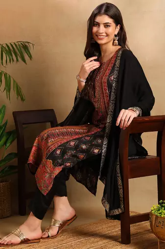 Black woven design silk blend fancy straight trousers with dupatta