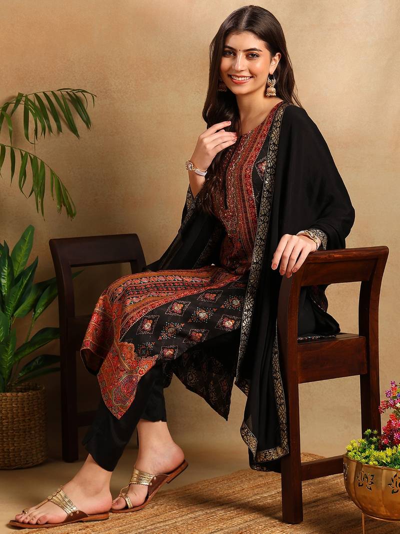 Black woven design silk blend fancy straight trousers with dupatta