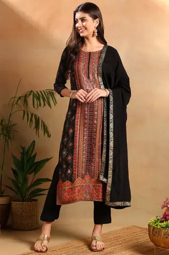 Black woven design silk blend fancy straight trousers with dupatta