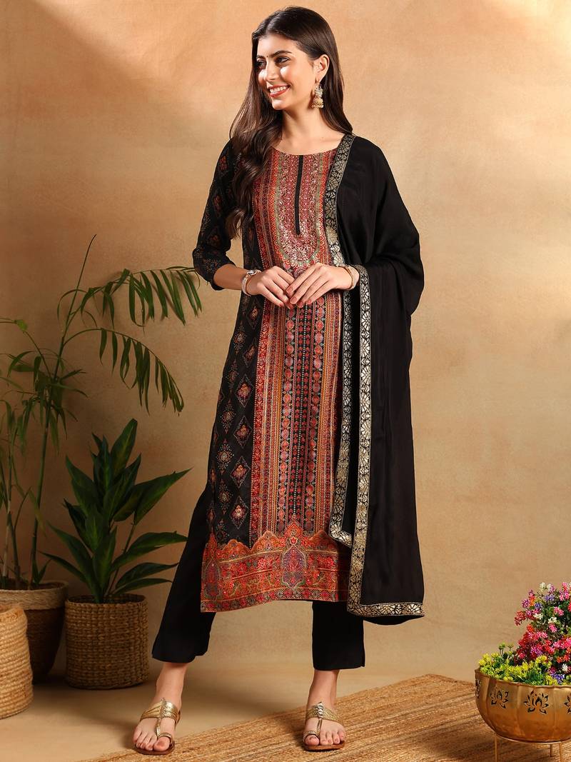Black woven design silk blend fancy straight trousers with dupatta