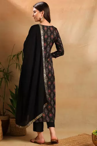 Black woven design silk blend fancy straight trousers with dupatta