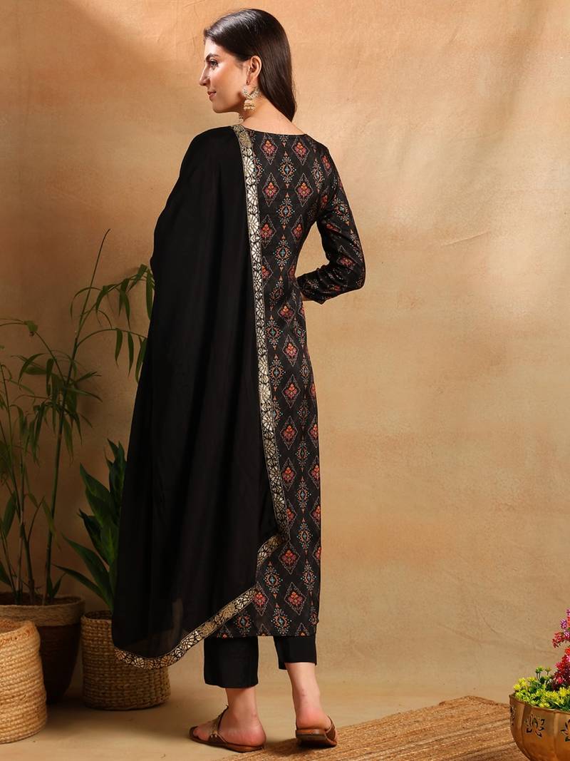 Black woven design silk blend fancy straight trousers with dupatta