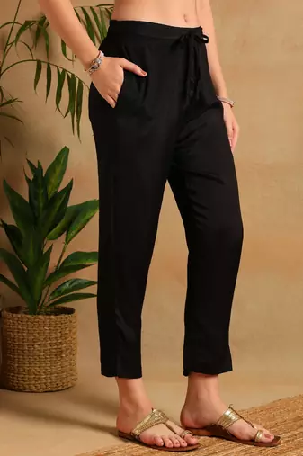 Black woven design silk blend fancy straight trousers with dupatta