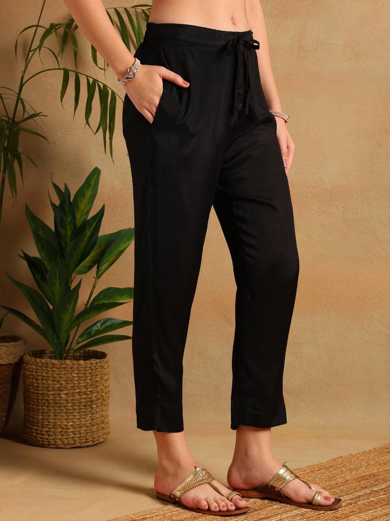 Black woven design silk blend fancy straight trousers with dupatta