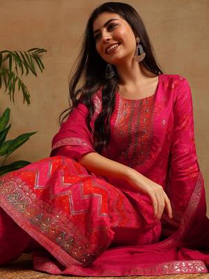 Pink woven design pure silk fancy straight trousers with dupatta 1