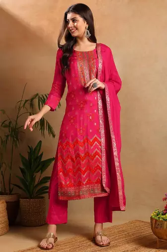Pink woven design pure silk fancy straight trousers with dupatta