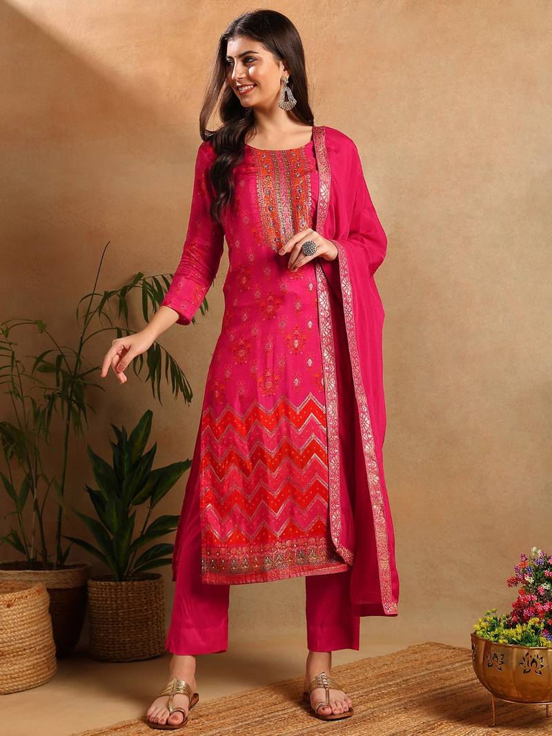 Pink woven design pure silk fancy straight trousers with dupatta