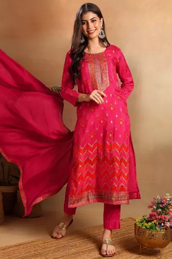 Pink woven design pure silk fancy straight trousers with dupatta