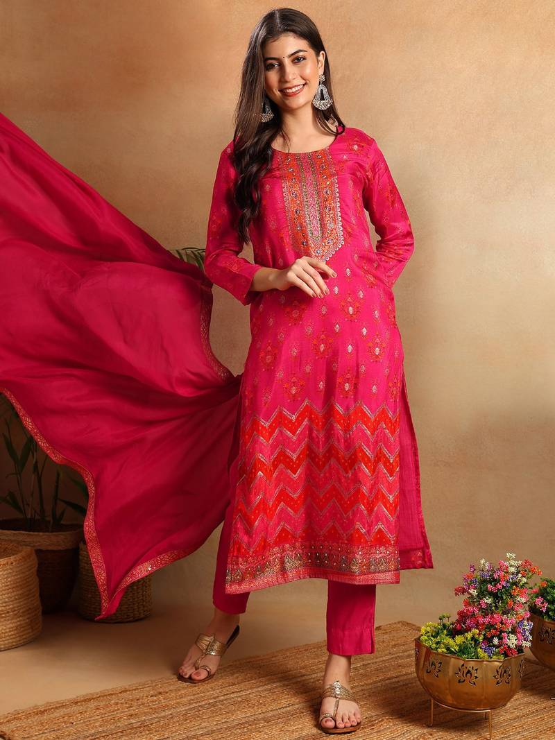 Pink woven design pure silk fancy straight trousers with dupatta