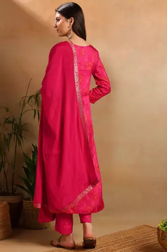 Pink woven design pure silk fancy straight trousers with dupatta