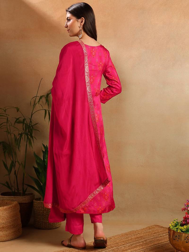 Pink woven design pure silk fancy straight trousers with dupatta