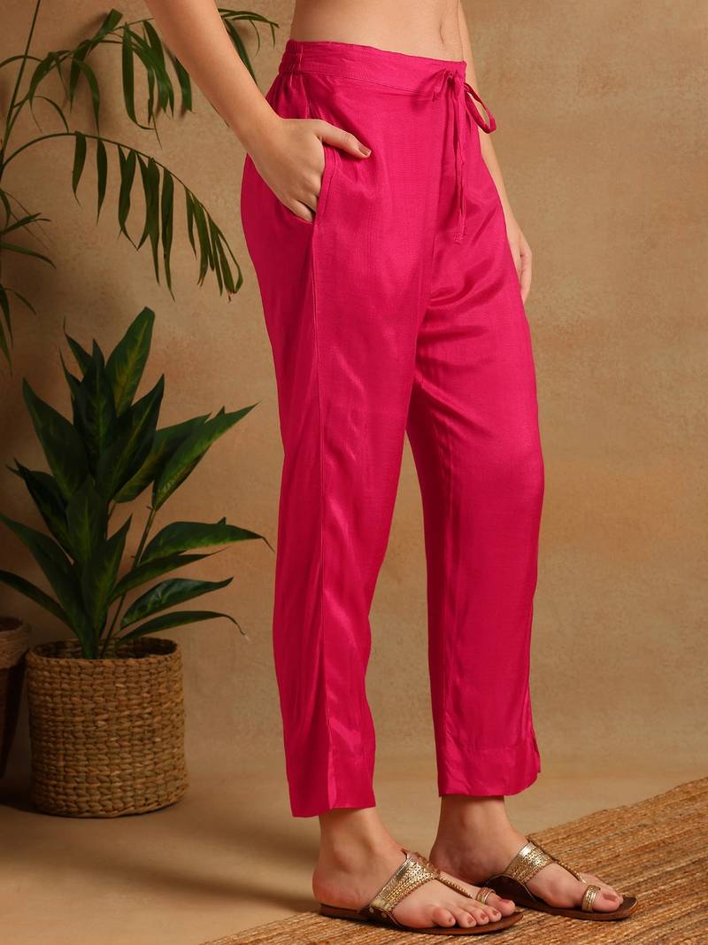 Pink woven design pure silk fancy straight trousers with dupatta