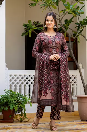 Multi printed cotton blend fancy straight trousers with dupatta
