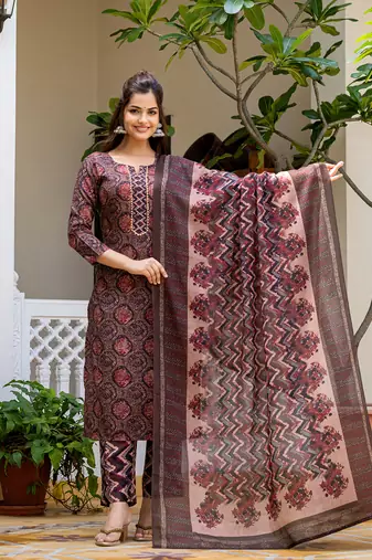 Multi printed cotton blend fancy straight trousers with dupatta