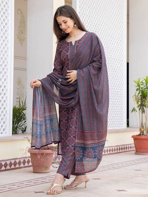 Blue printed cotton blend fancy straight trousers with dupatta 1