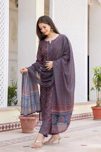 Blue printed cotton blend fancy straight trousers with dupatta
