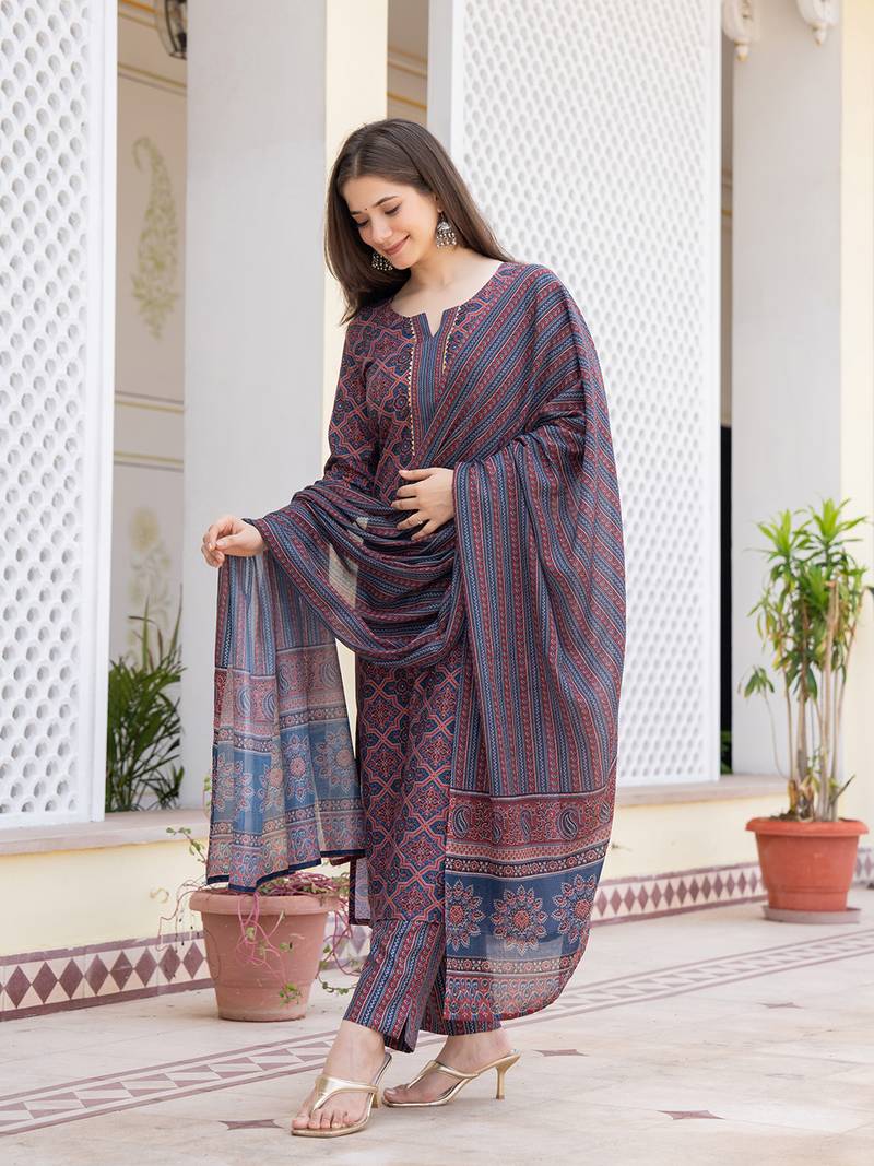 Blue printed cotton blend fancy straight trousers with dupatta