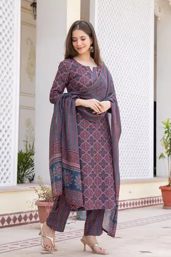 Blue printed cotton blend fancy straight trousers with dupatta