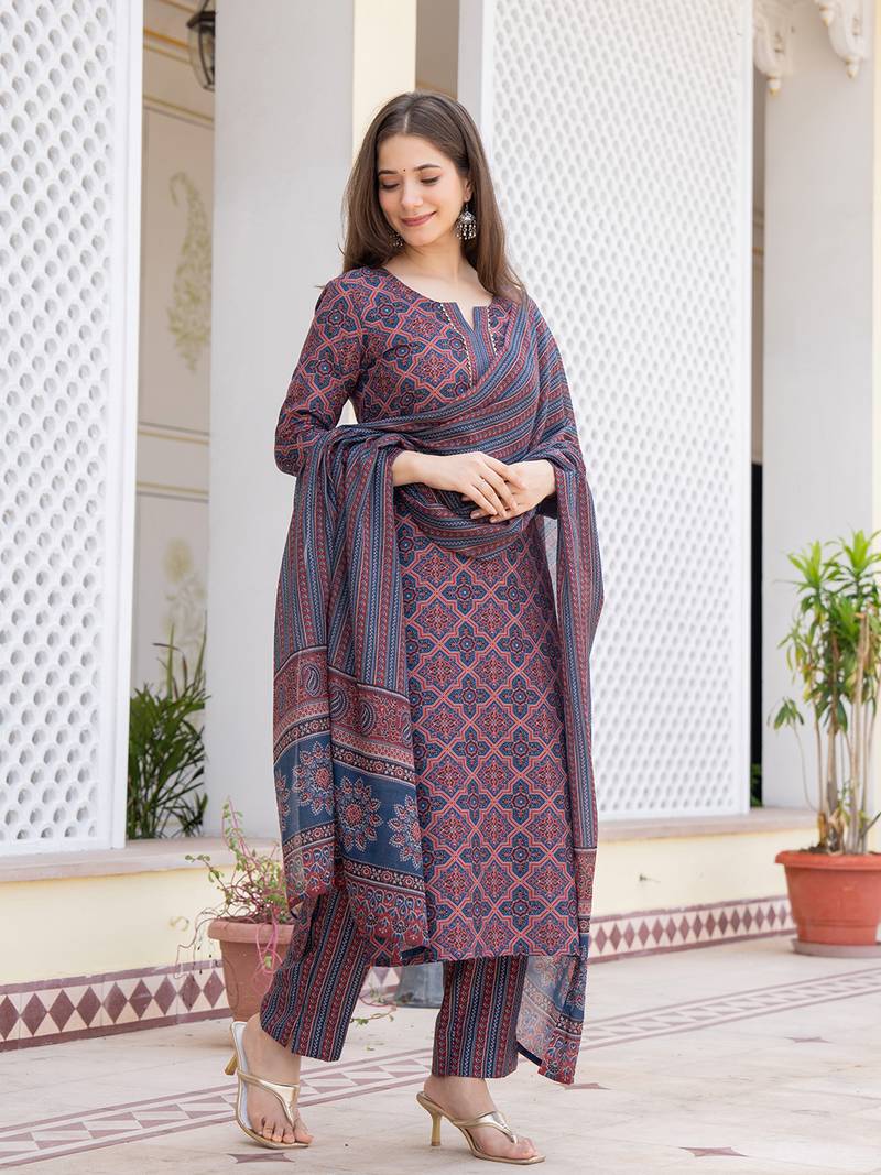 Blue printed cotton blend fancy straight trousers with dupatta