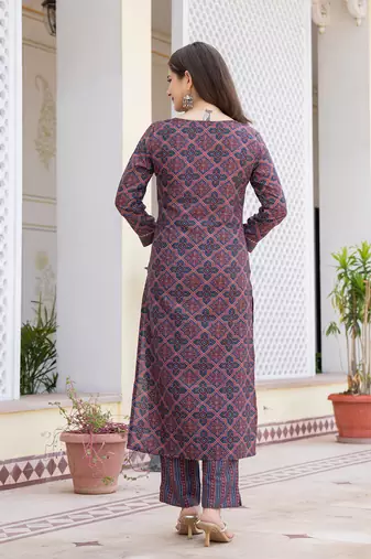 Blue printed cotton blend fancy straight trousers with dupatta
