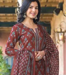 Brown printed cotton blend fancy straight trousers with dupatta
