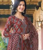 Brown printed cotton blend fancy straight trousers with dupatta