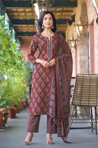 Brown printed cotton blend fancy straight trousers with dupatta