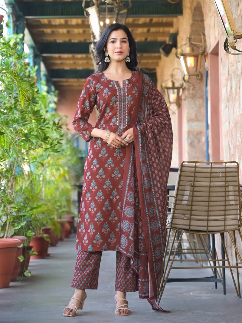 Brown printed cotton blend fancy straight trousers with dupatta