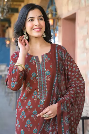 Brown printed cotton blend fancy straight trousers with dupatta