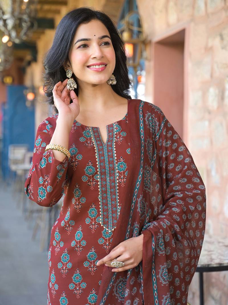 Brown printed cotton blend fancy straight trousers with dupatta