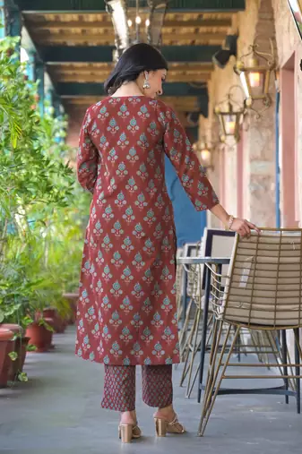 Brown printed cotton blend fancy straight trousers with dupatta