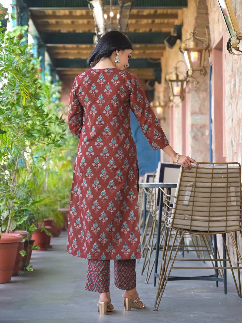 Brown printed cotton blend fancy straight trousers with dupatta