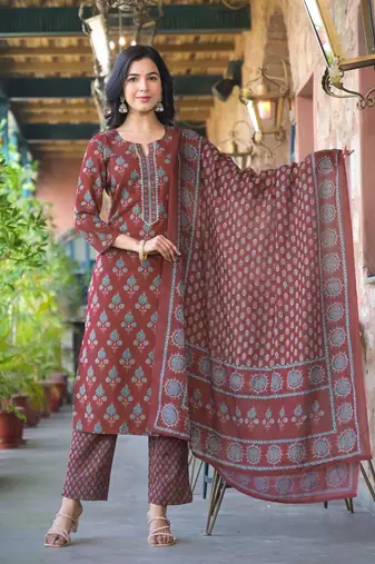 Brown printed cotton blend fancy straight trousers with dupatta