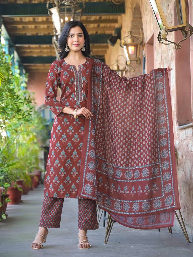 Brown printed cotton blend fancy straight trousers with dupatta