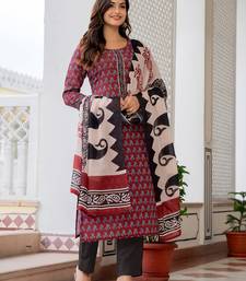 Maroon printed cotton blend fancy straight trousers with dupatta