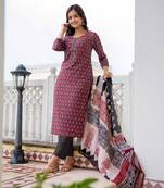 Maroon printed cotton blend fancy straight trousers with dupatta