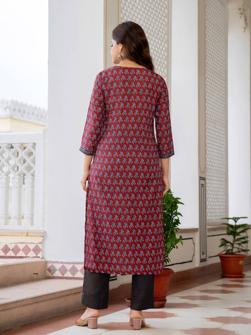 Maroon printed cotton blend fancy straight trousers with dupatta