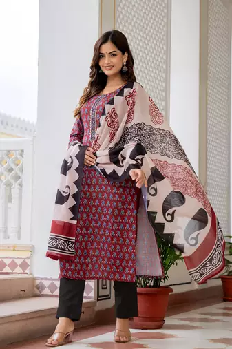 Maroon printed cotton blend fancy straight trousers with dupatta