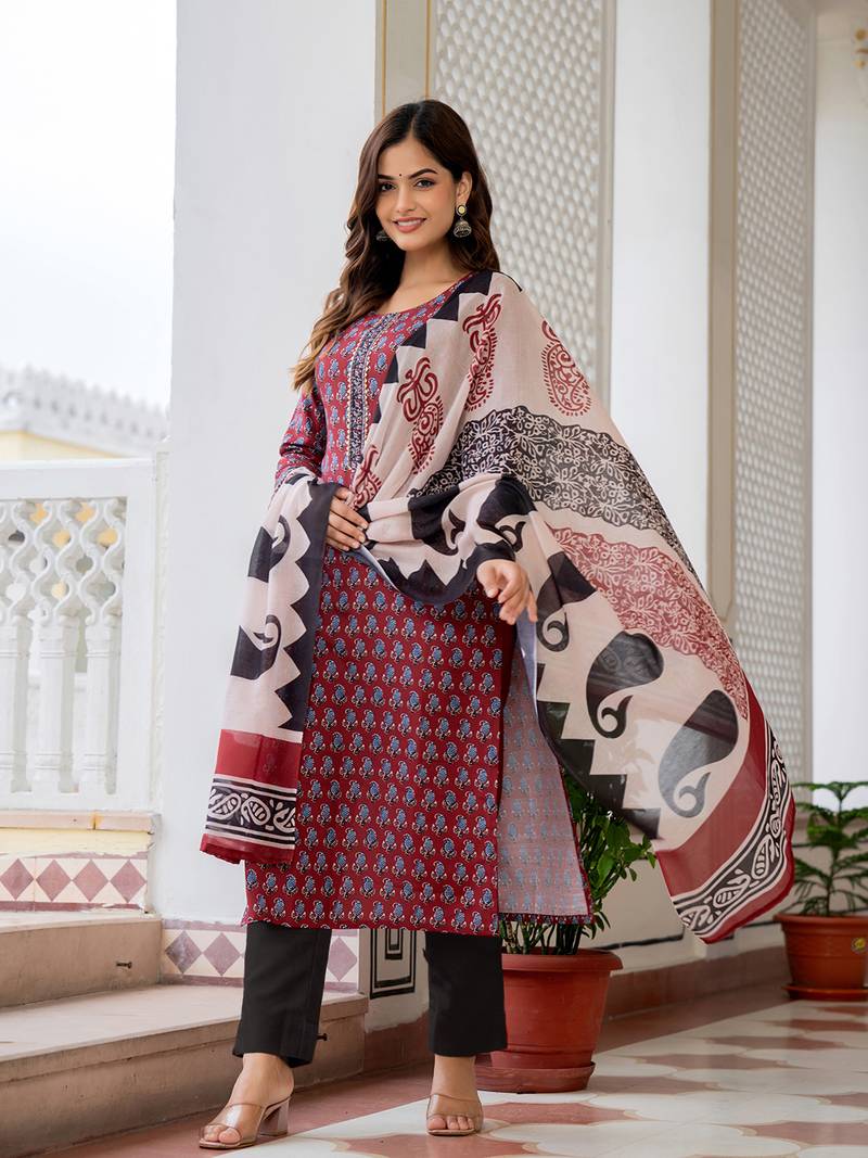 Maroon printed cotton blend fancy straight trousers with dupatta