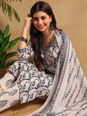 Navy blue printed cotton blend fancy straight trousers with dupatta 2