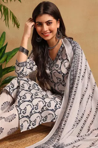 Navy blue printed cotton blend fancy straight trousers with dupatta
