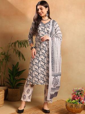 Navy blue printed cotton blend fancy straight trousers with dupatta 1